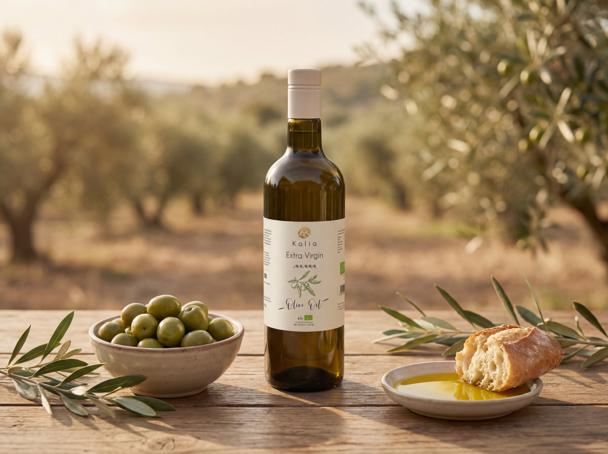 Kalia Extra Vierge — bouteille dans oliveraie grecque